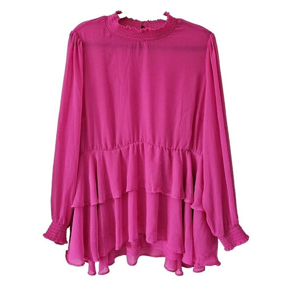 Torrid Top 3X Pink Babydoll Semi Sheer High Smocked NeckCuffs Long Sleeve Ruffle - Picture 1 of 16